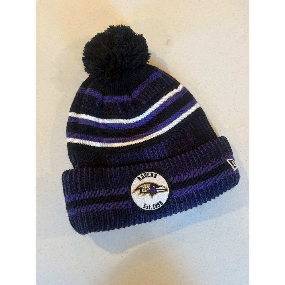 New Era Baltimore Ravens NFL 100th Anniversary Striped Pom Beanie Purple Black